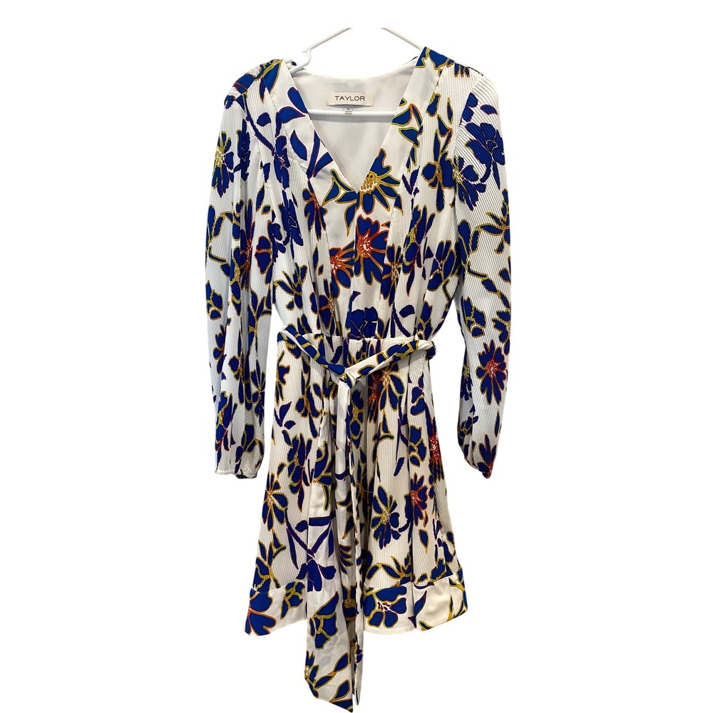 Taylor Floral Print‎ Dress Pleated Long Sleeve Belted V Neck White Blue XL